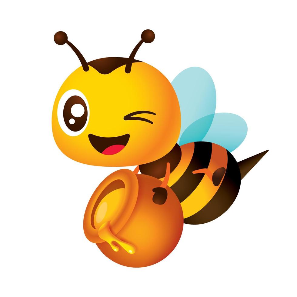Cartoon cute bee carrying honey pot for delivery. Happy bee character vector illustration
