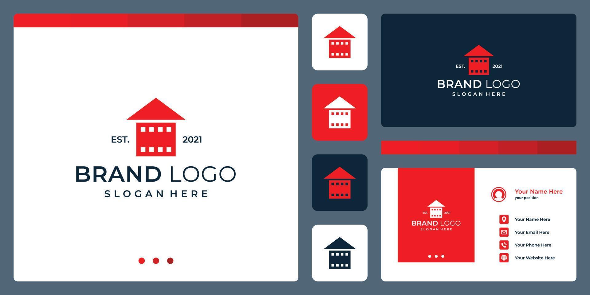 logo that combines house shapes and film srip. business cards. vector