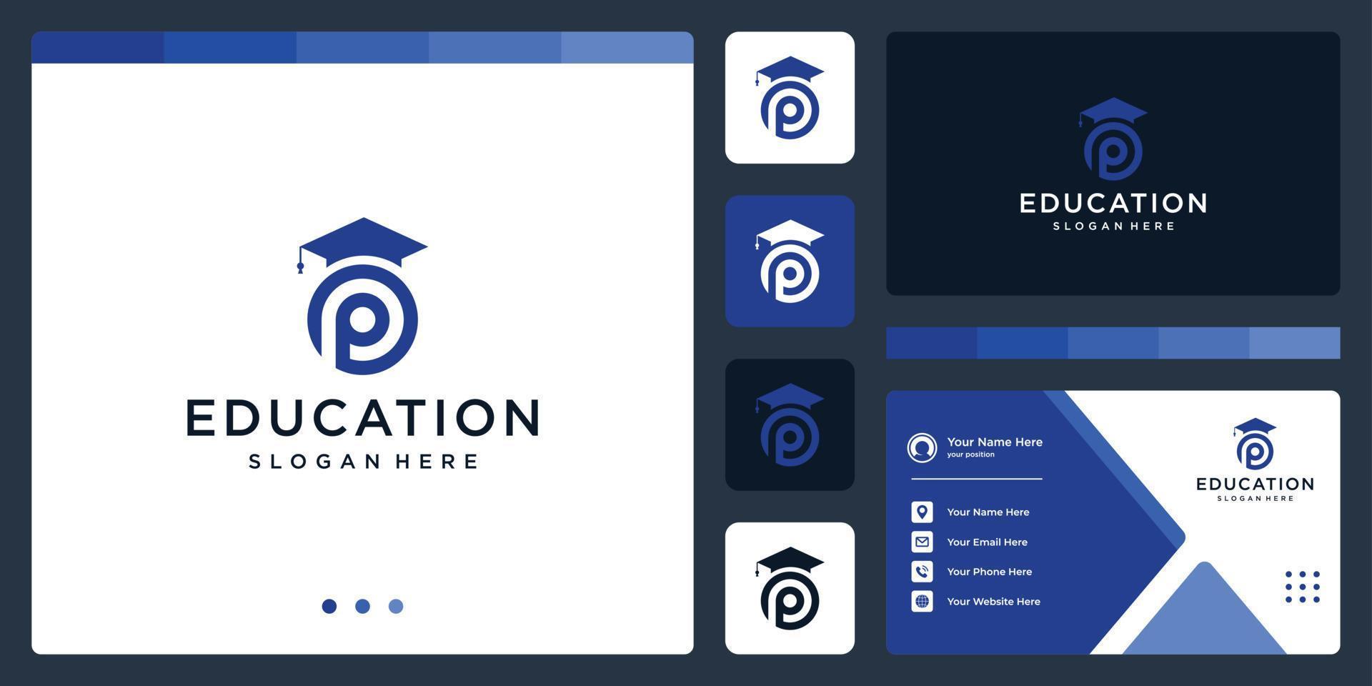 College, Graduate, Campus, Education logo design. and logo initial letter P. Business card vector