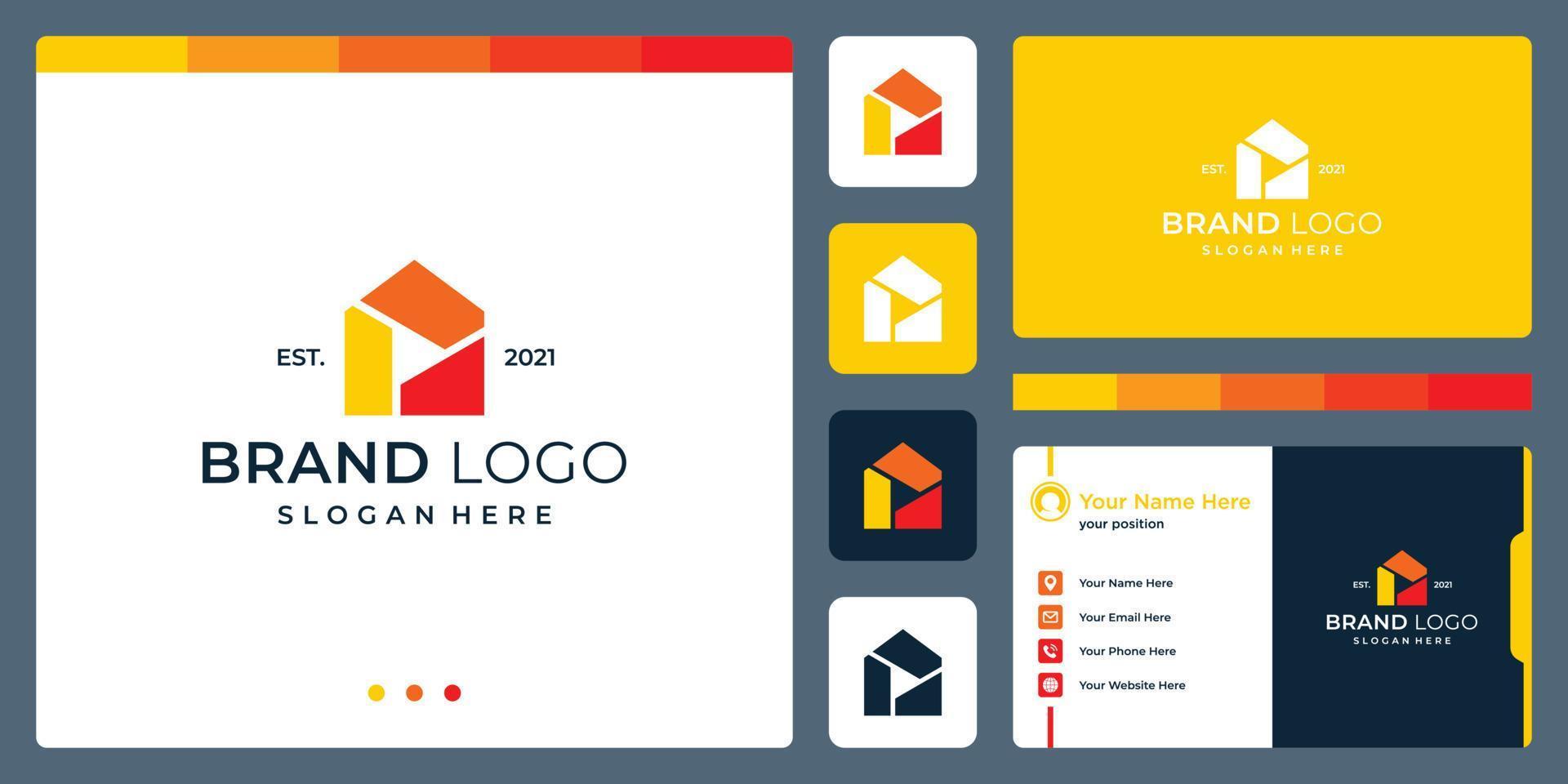 logo that combines house shapes and abstract video and play button. business cards. vector