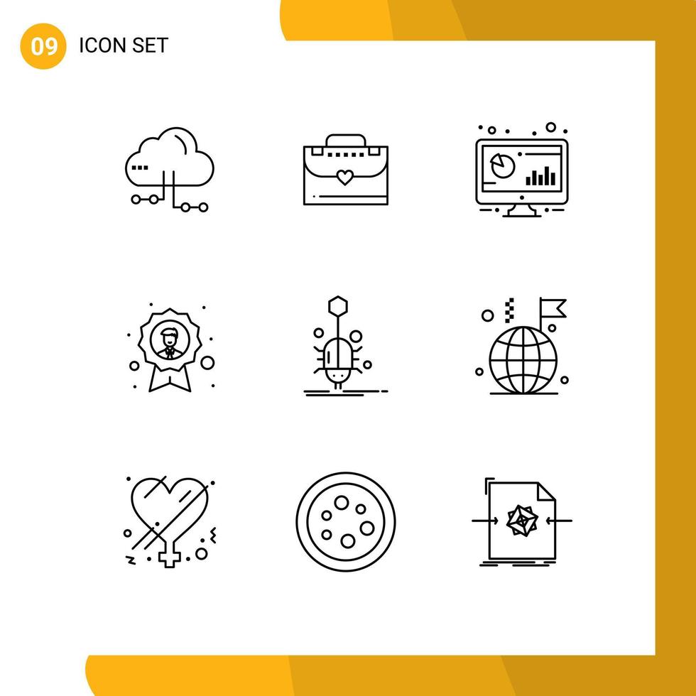 9 Universal Outlines Set for Web and Mobile Applications bug employee bar badge achievement Editable Vector Design Elements