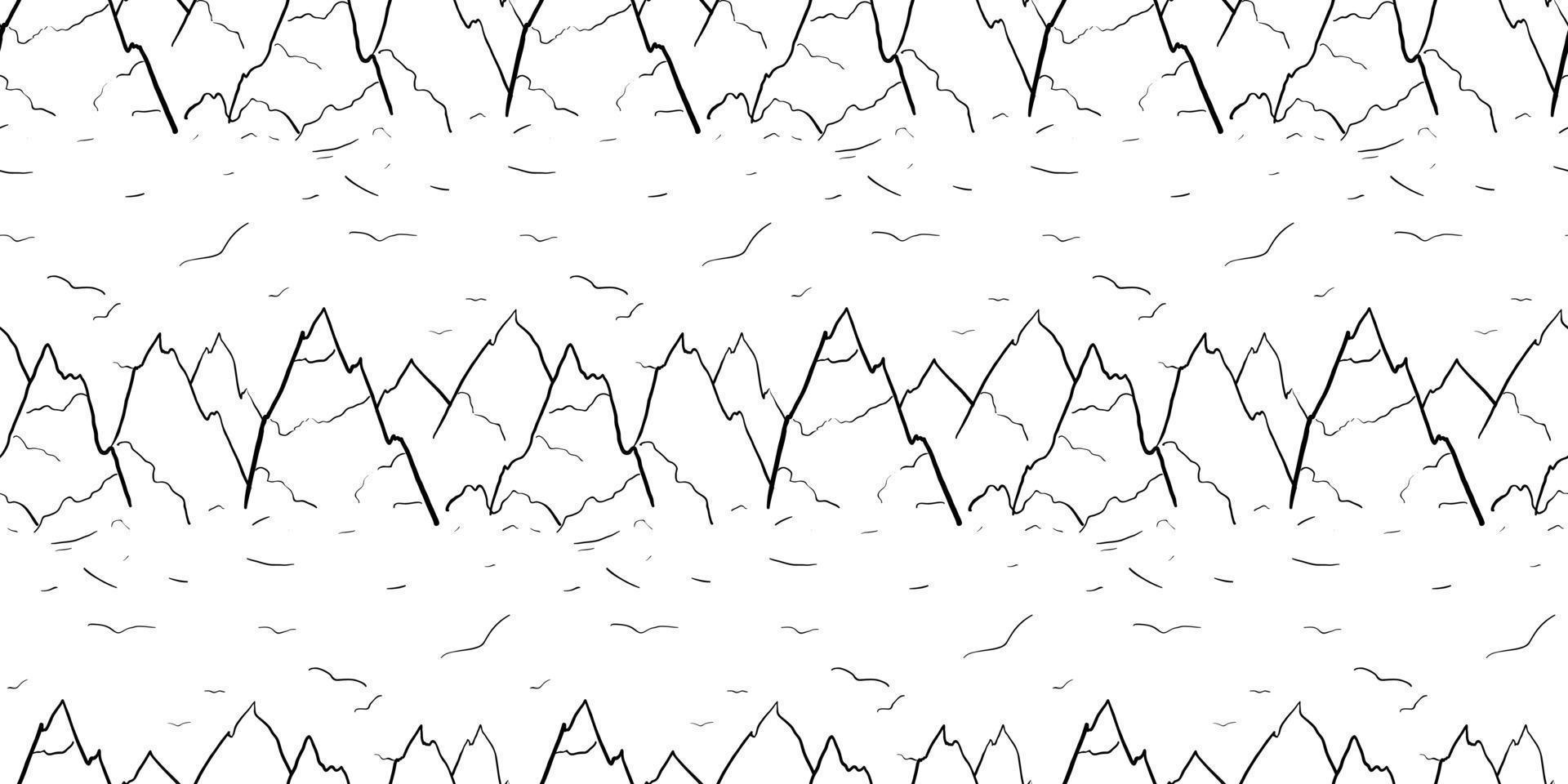 Seamless pattern with mountains line art. Black, white birds and mountain peaks. Vector illustration