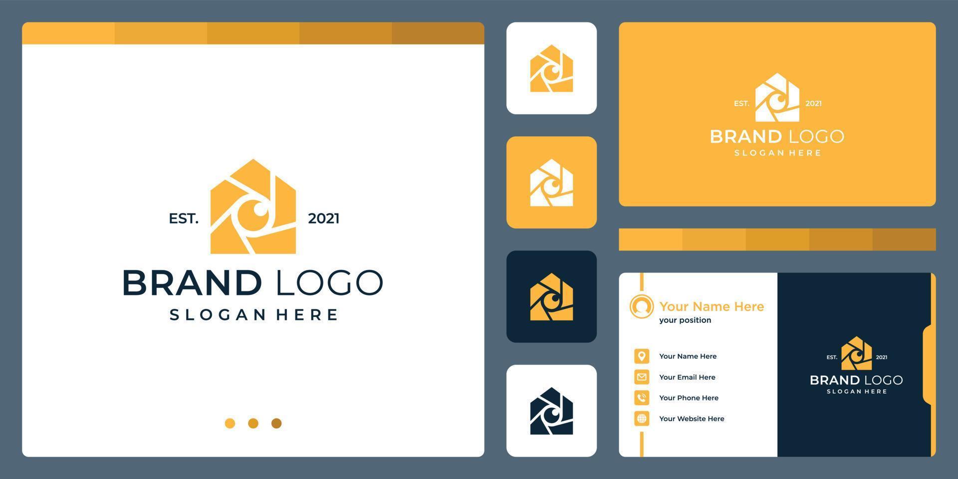 logo that combines house shapes and camera and lens. business cards. vector