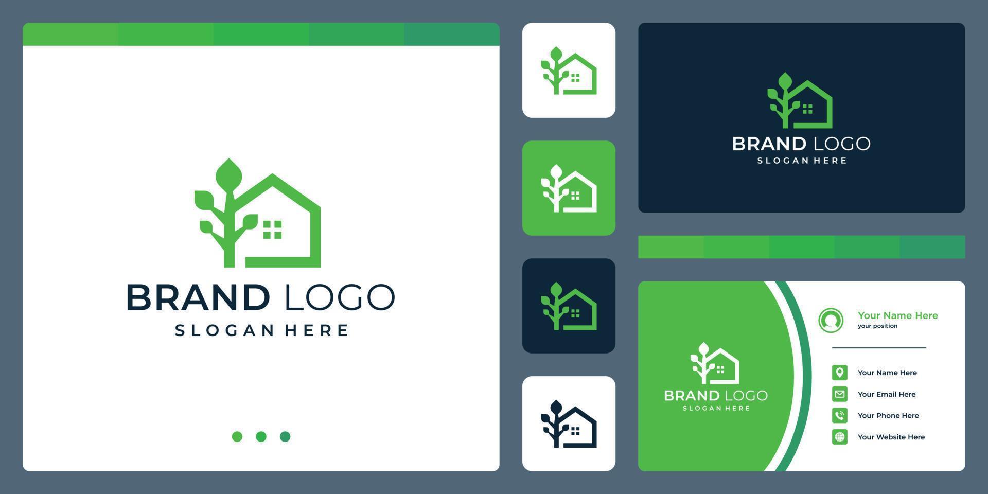 logo that combines house shapes and tree. business cards. vector