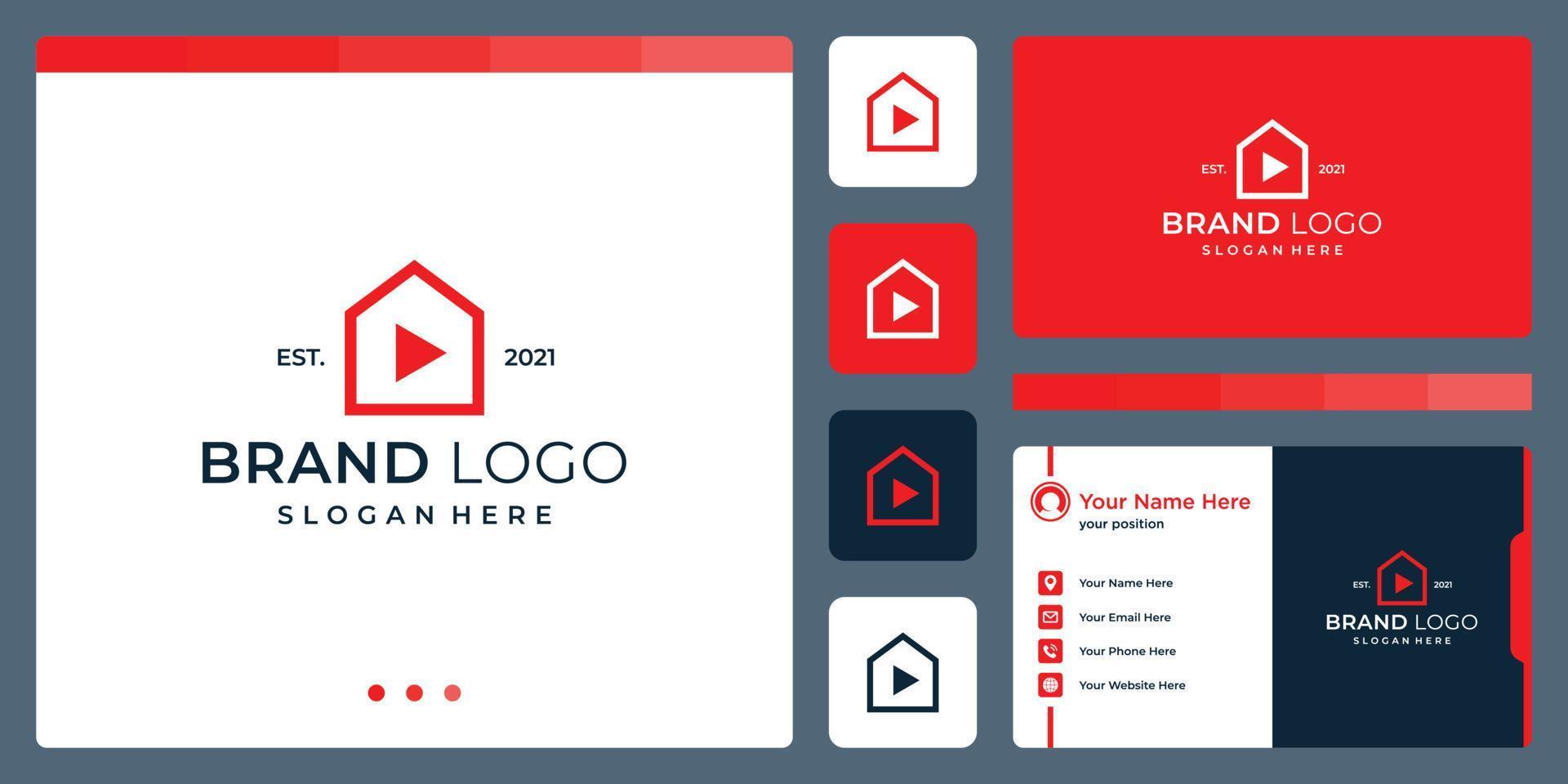 logotipo que combina formas de casa y video abstracto y botón de reproducción. Cartas de negocios. vector