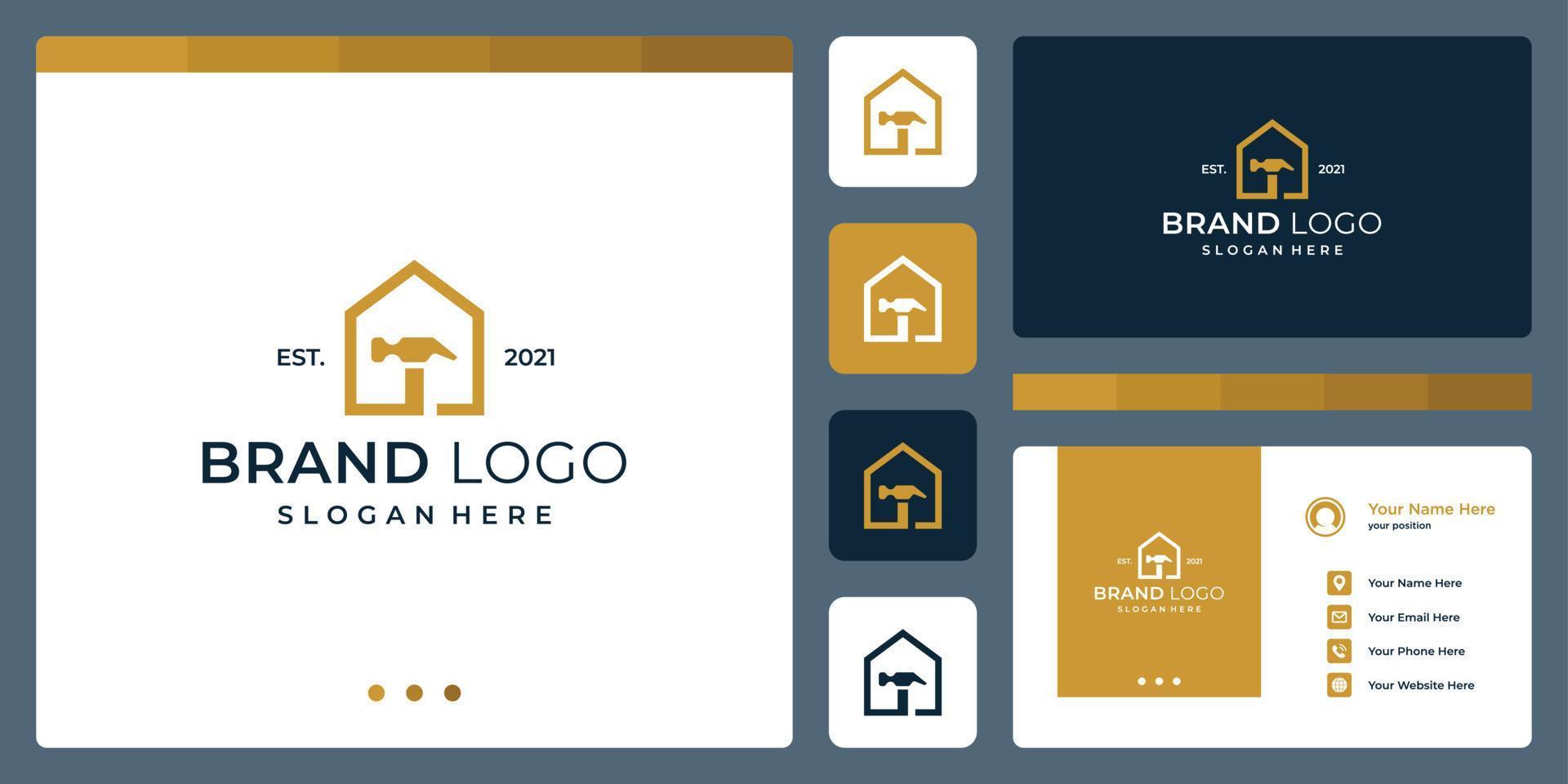 logo that combines house shapes and hammer. business cards. vector