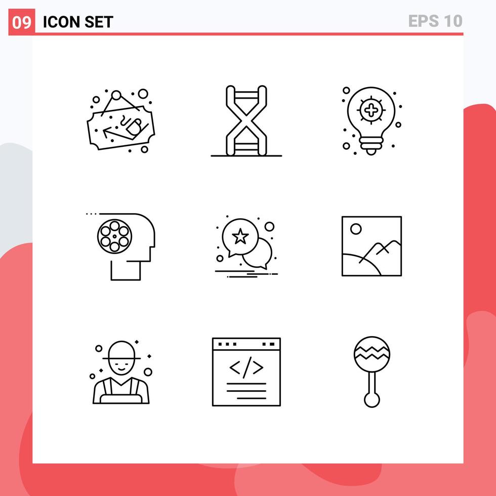 9 Universal Outlines Set for Web and Mobile Applications notification movie genetics job crew Editable Vector Design Elements