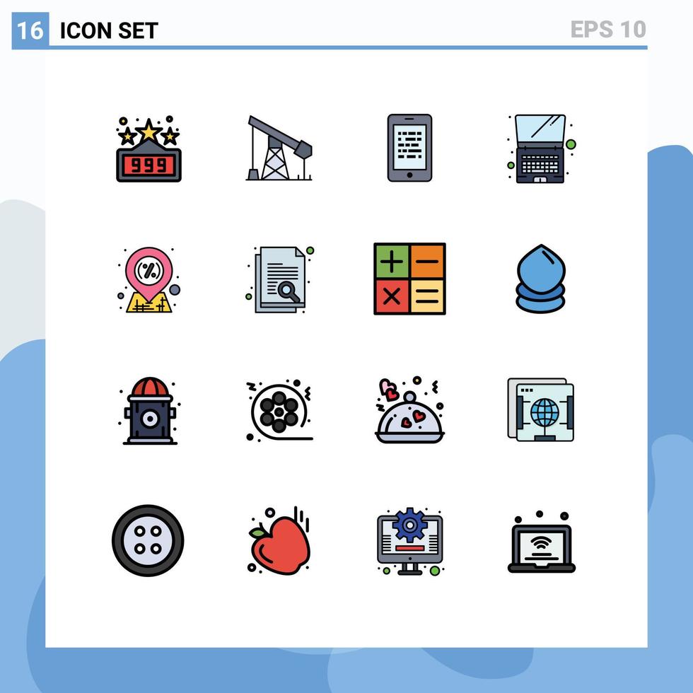 Set of 16 Vector Flat Color Filled Lines on Grid for market discount read technology computer Editable Creative Vector Design Elements