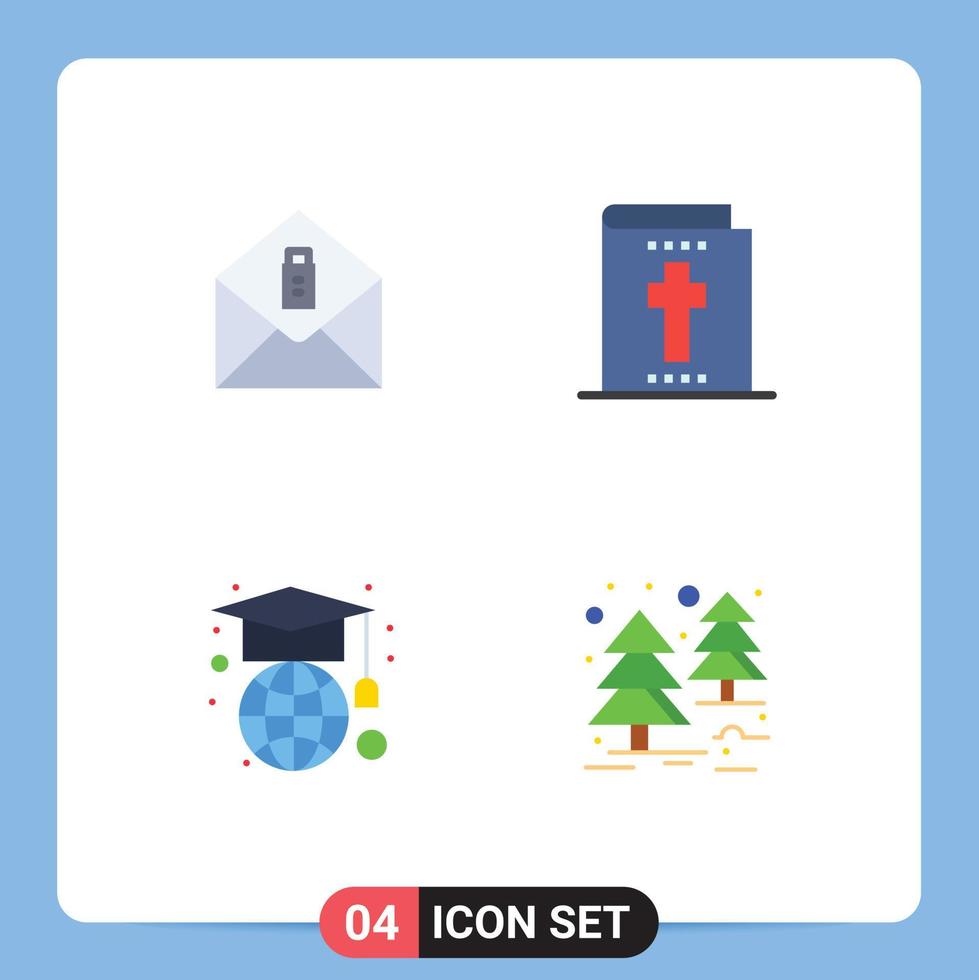 Mobile Interface Flat Icon Set of 4 Pictograms of mail forest bible education tree Editable Vector Design Elements