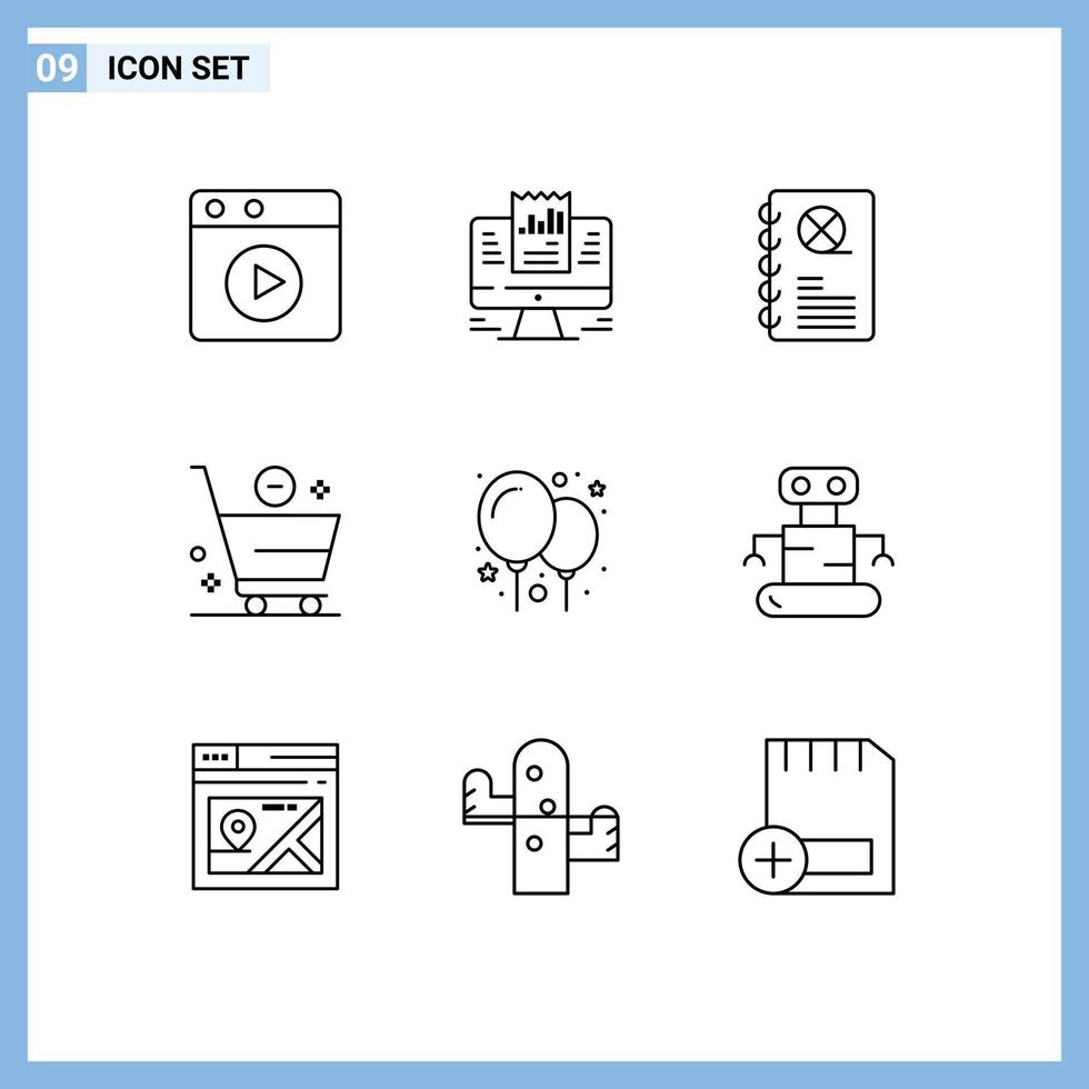 Outline Pack of 9 Universal Symbols of balloons minus cinema e cart Editable Vector Design Elements
