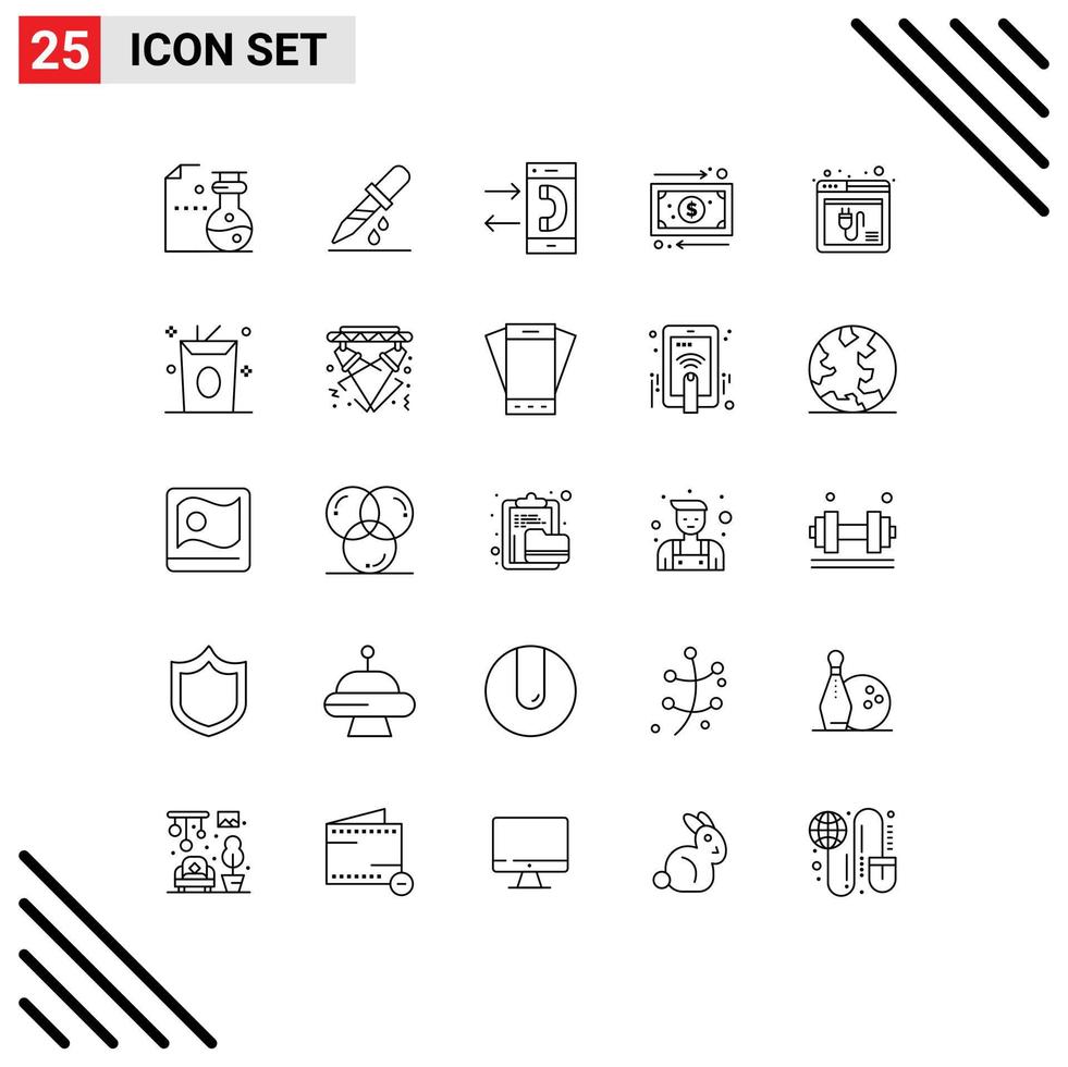 Modern Set of 25 Lines and symbols such as browser management call cash outgoing Editable Vector Design Elements