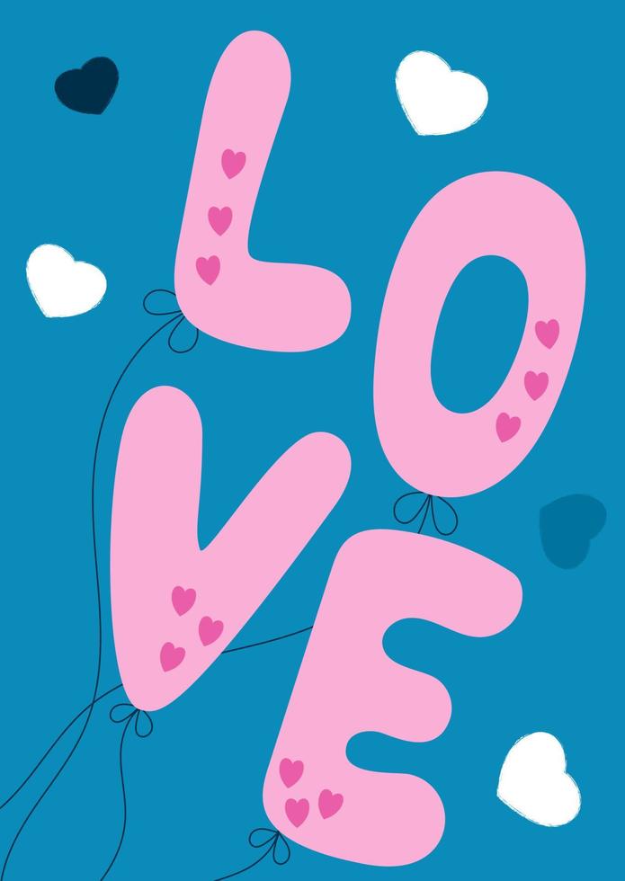 Love lettering with balls. Happy Valentines Day greeting card. Printable cards template, layout in A6. vector