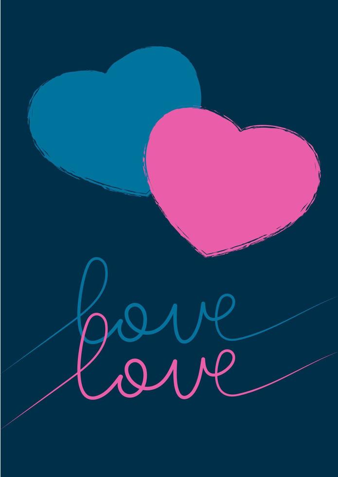 Two hearts with love lettering. Happy Valentines Day greeting card. Printable cards template, layout in A6. vector