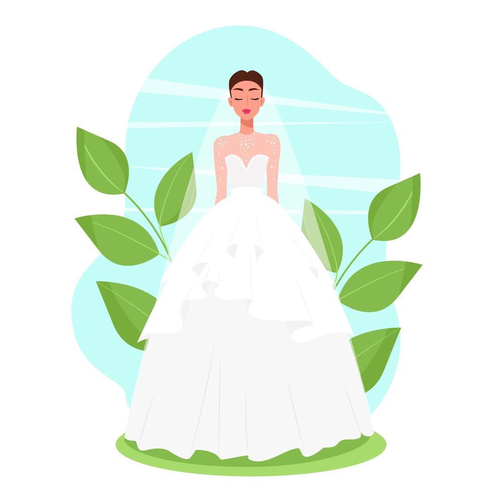 Bride in a lush dress greeting card. Vector illustration in flat cartoon style