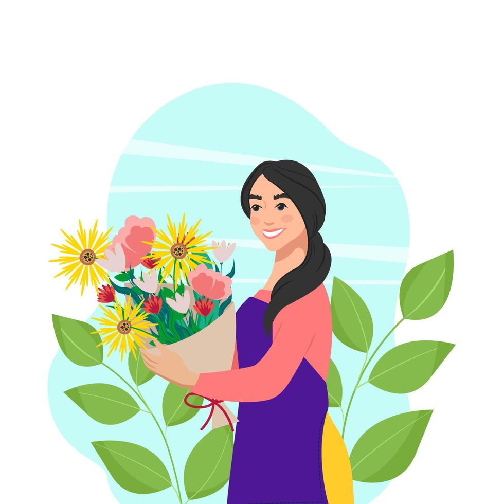 A young woman holds a lush bouquet of flowers in her hands. Vector illustration in flat style. Cute female character