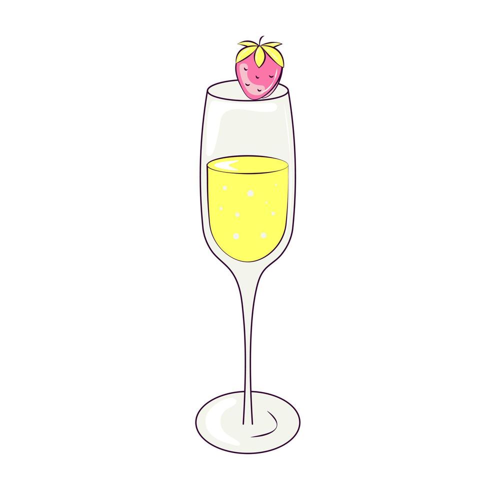 Glass of Champagne with Strawberries Isolated Element in Retro Groove Style vector