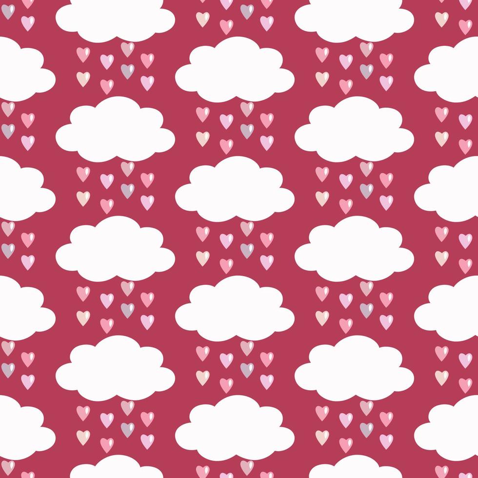 Seamless pattern of hand drawn clouds and raindrops of hearts on viva magenta background. Design for Valentines Day, wedding and mothers day celebration, greeting card, home decor, scrapbooking. vector