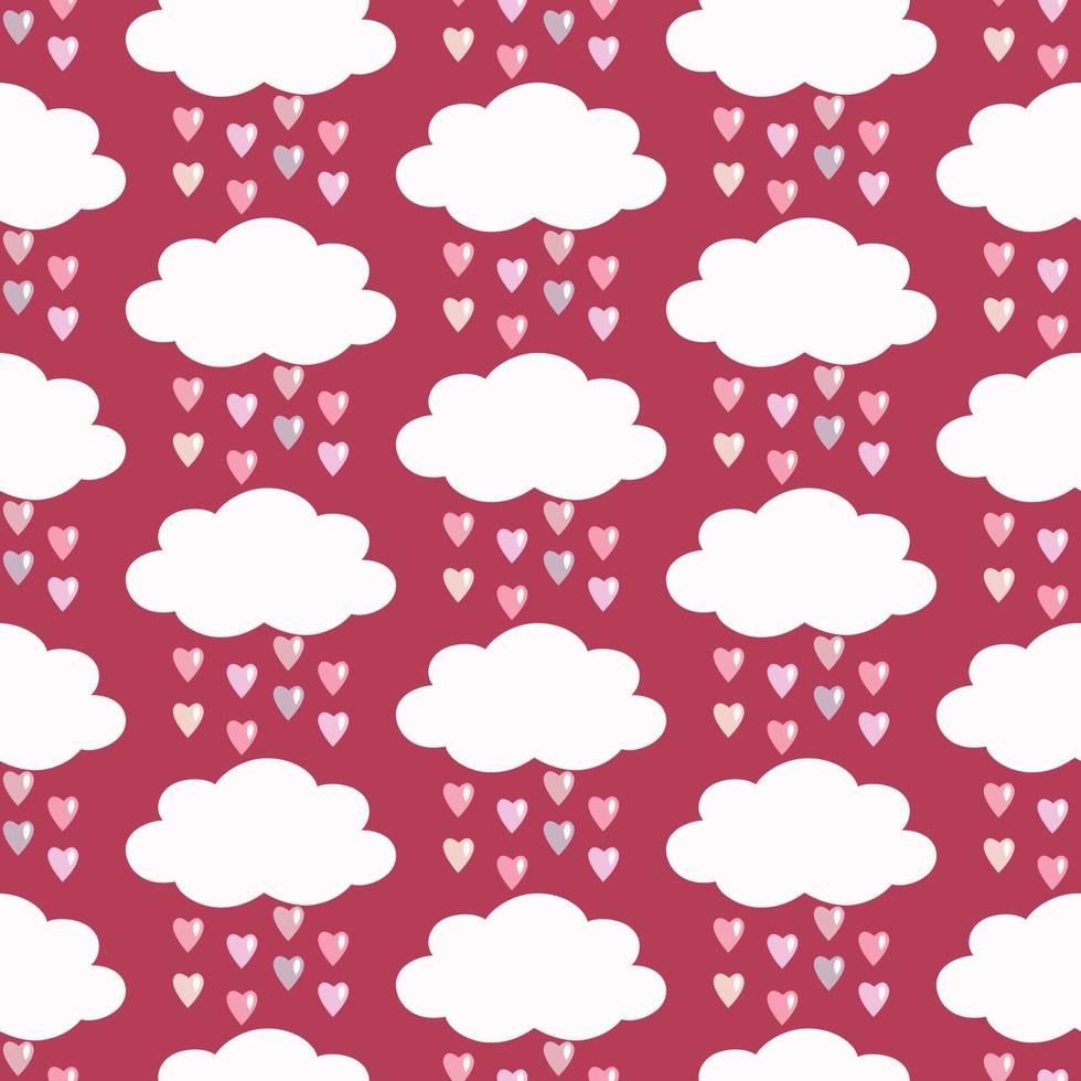 patrón impecable de nubes dibujadas a mano y gotas de lluvia de corazones sobre fondo de viva magenta. diseño para el día de san valentín, boda y celebración del día de la madre, tarjeta de felicitación, decoración del hogar, álbumes de recortes. vector