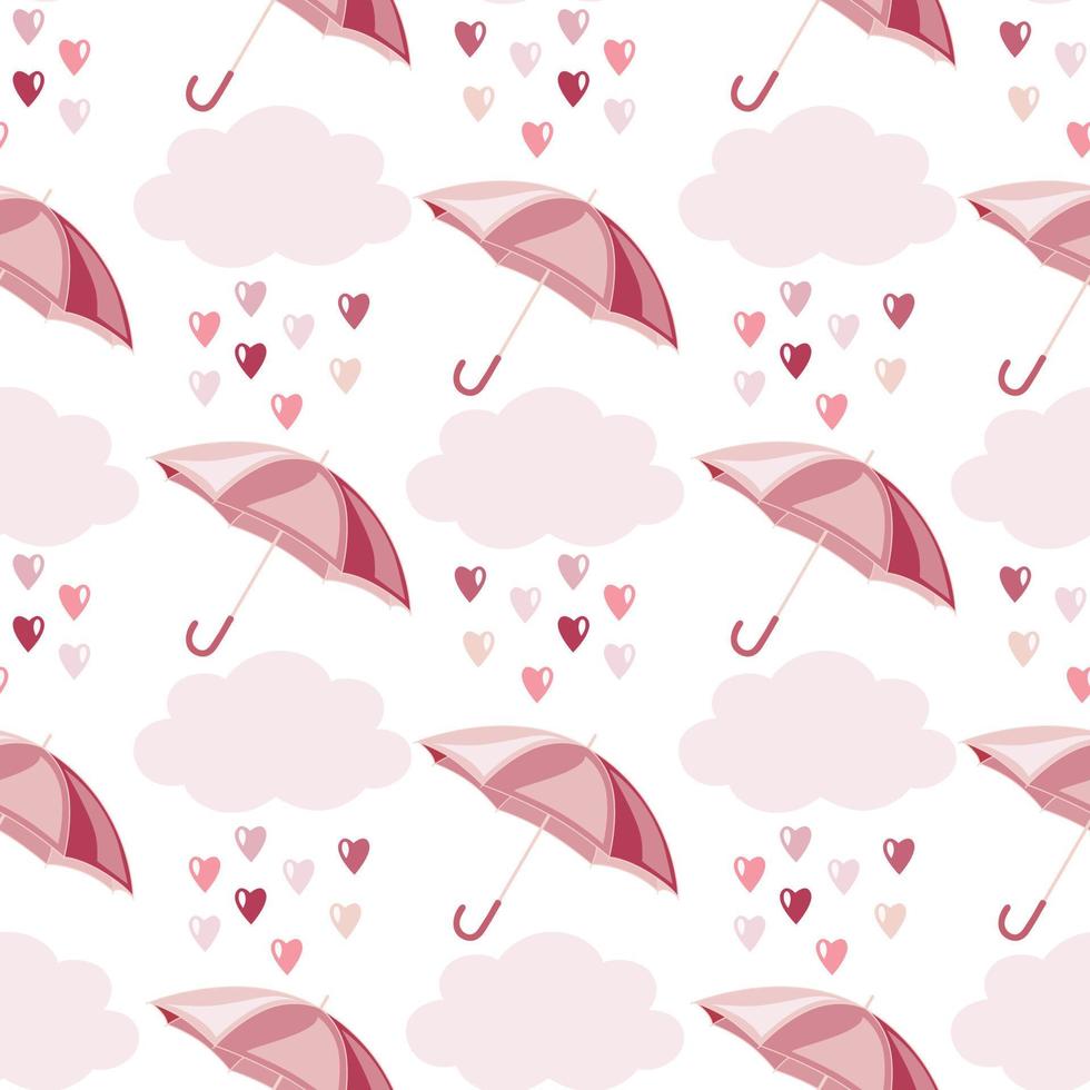 Seamless pattern of hand drawn raindrops of hearts, clouds and umbrellas on isolated background. Design for Valentines Day, mothers day celebration, greeting card, home, baby shower, nursery decor. vector