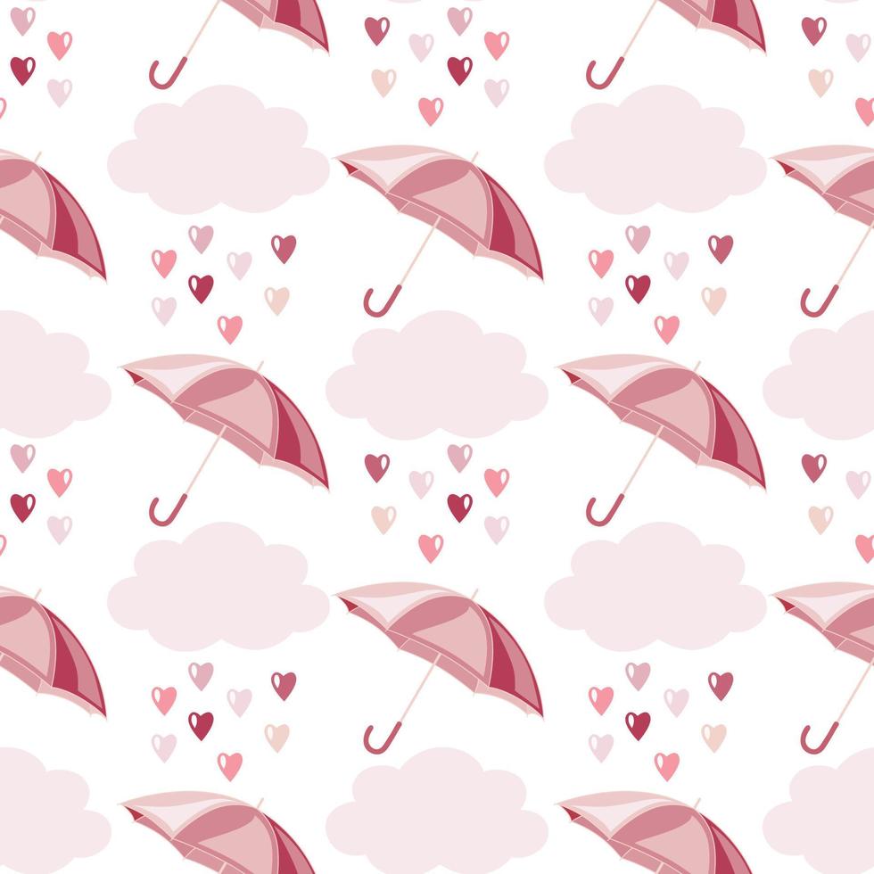 Seamless pattern of hand drawn raindrops of hearts, clouds and umbrellas on isolated background. Design for Valentines Day, mothers day celebration, greeting card, home, baby shower, nursery decor. vector