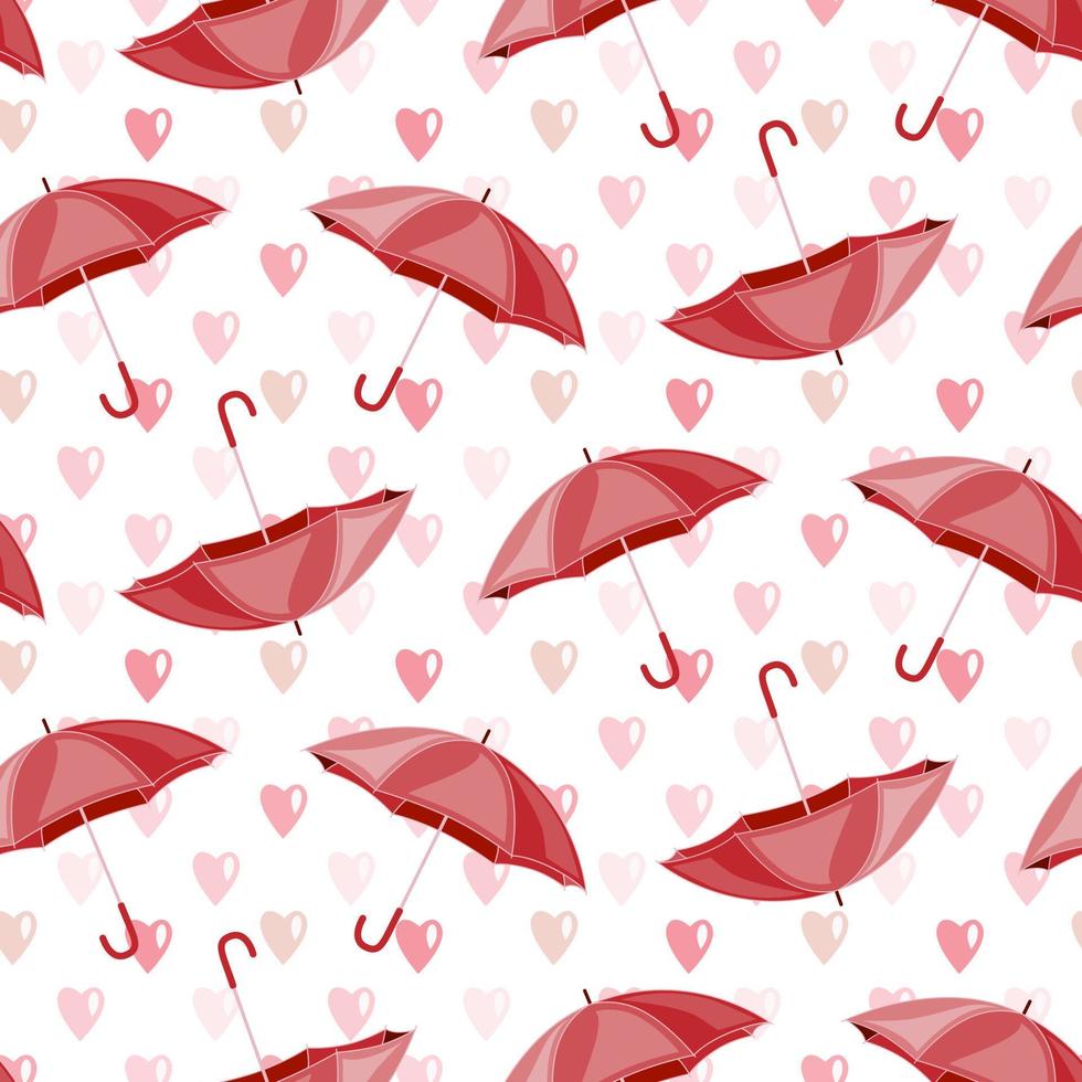 Seamless pattern of hand drawn pink rain of heart drops and umbrellas. Design for Valentines Day, mothers day celebration, greeting card, home, baby shower, nursery decor, scrapbooking, paper craft. vector