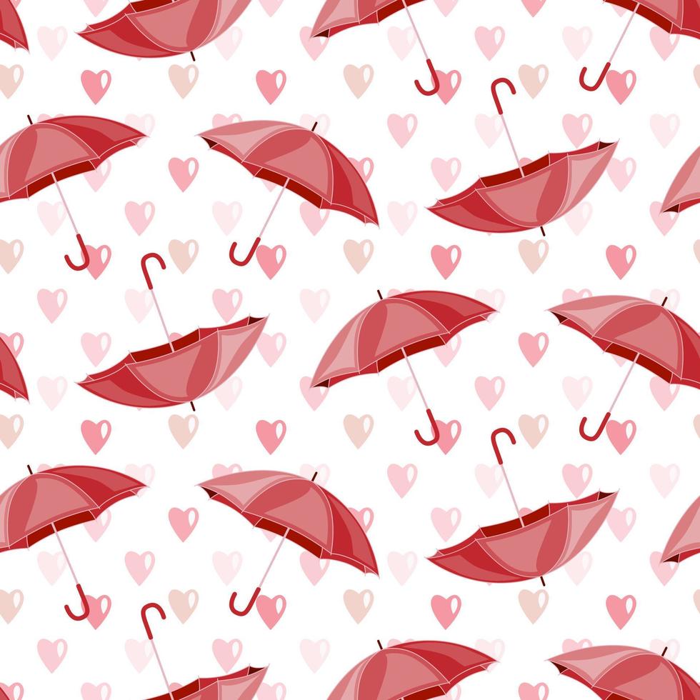 Seamless pattern of hand drawn pink rain of heart drops and umbrellas. Design for Valentines Day, mothers day celebration, greeting card, home, baby shower, nursery decor, scrapbooking, paper craft. vector