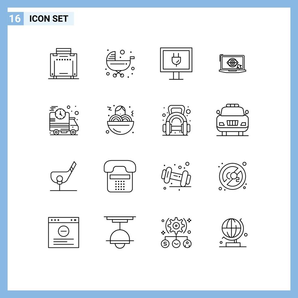 Group of 16 Modern Outlines Set for fast fast entertainment presentation monitor Editable Vector Design Elements