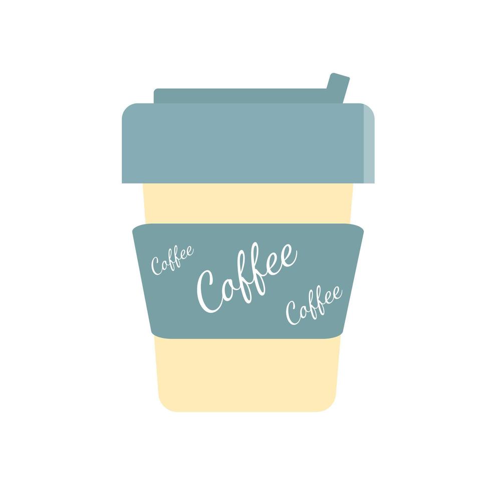 Single-use paper cup for milky yellow coffee with a mint lid and a label with the inscription Coffee. In vector isolated on white background