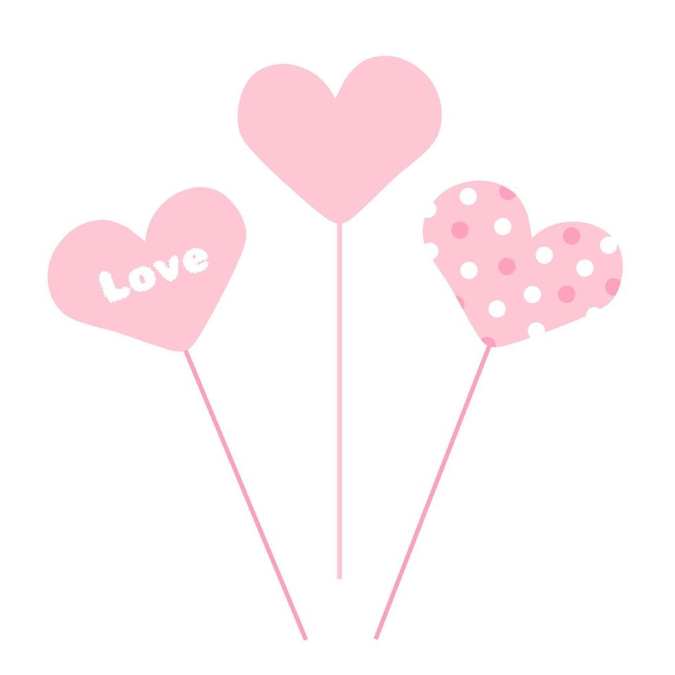 Set of pink hearts for lovers on stick holders with text, plain and polka dots vector