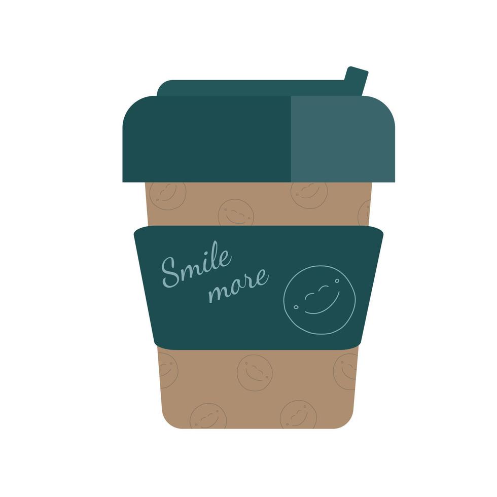 Isolated on a white background image of a disposable paper coffee cup with a green lid and a label with the inscription Smile more and emoticons vector