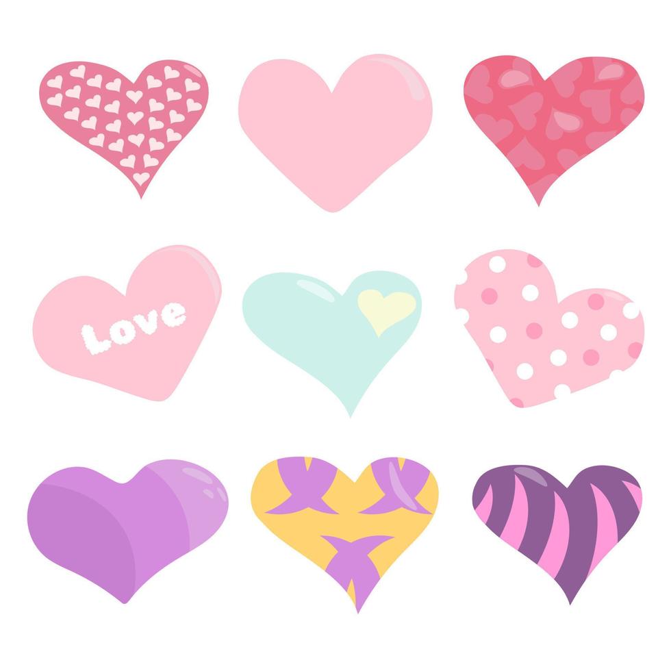 conjunto de corazones con varios patrones de colores rosa, púrpura y menta para los amantes en vector