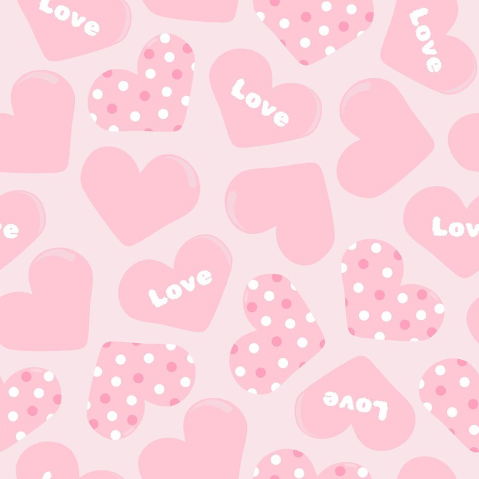 Seamless pink pattern with hearts with lettering, polka dots and monochrome in vector