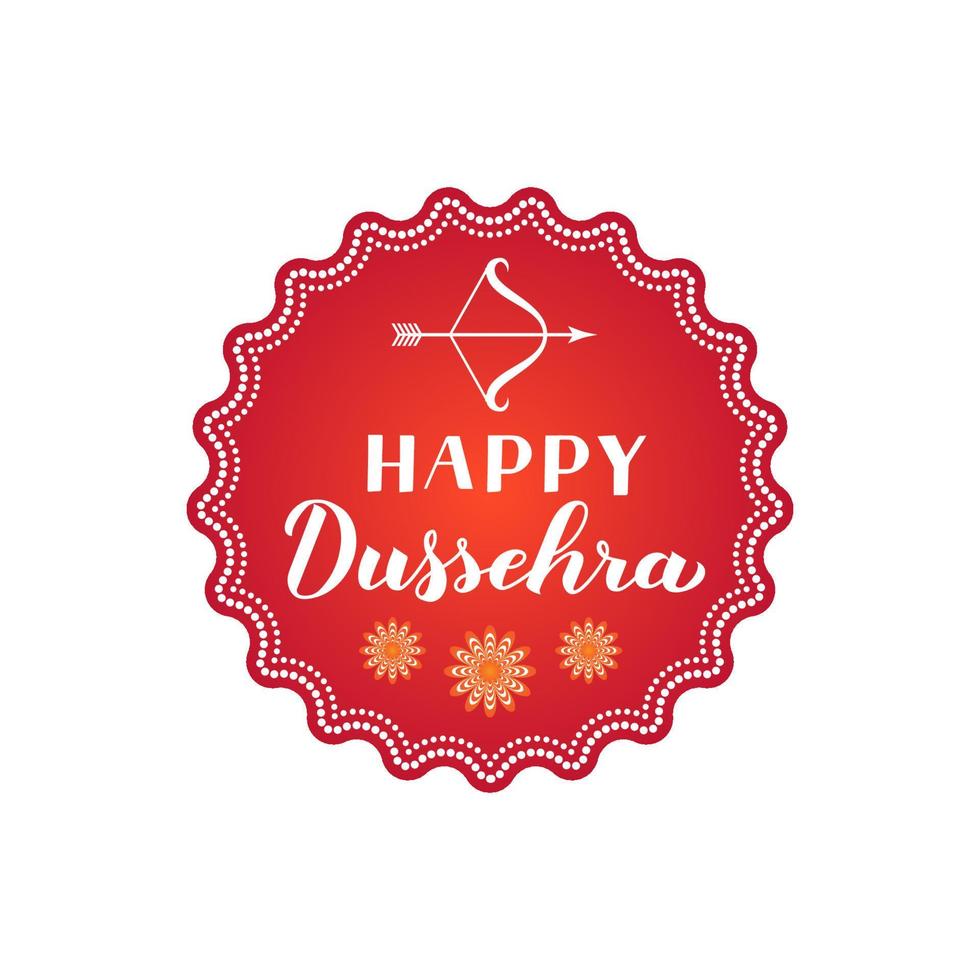 Happy Dussehra hand lettering with bow and arrow. Traditional Hindu festival vector illustration. Easy to edit template for typography poster, banner, flyer, invitation, badge, etc.