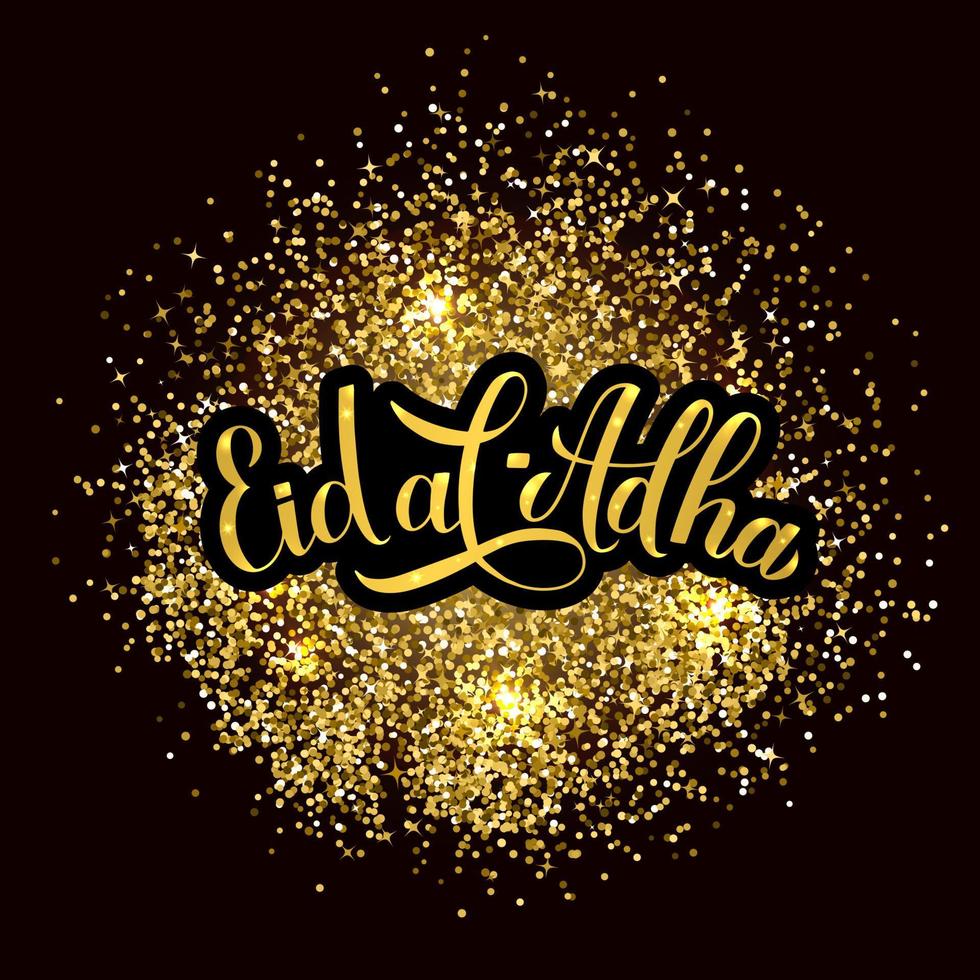 Eid al-Adha calligraphy lettering on gold glitter textured background. Kurban Bayrami Islamic holiday typography poster. Vector template for banner, greeting card, flyer, invitation.