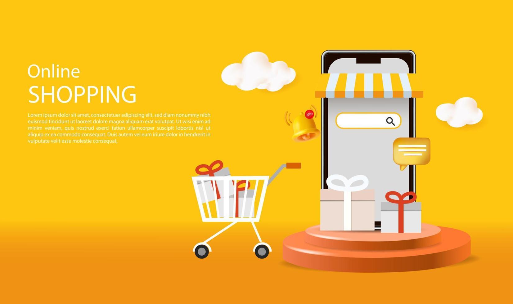 Online store via mobile phone set on podium with floating gift boxes aside, 3D web banner of online shopping vector