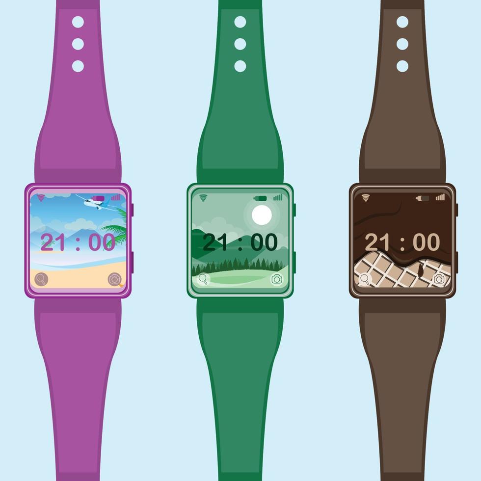 smartwatch with various purple, green and brown color variations vector