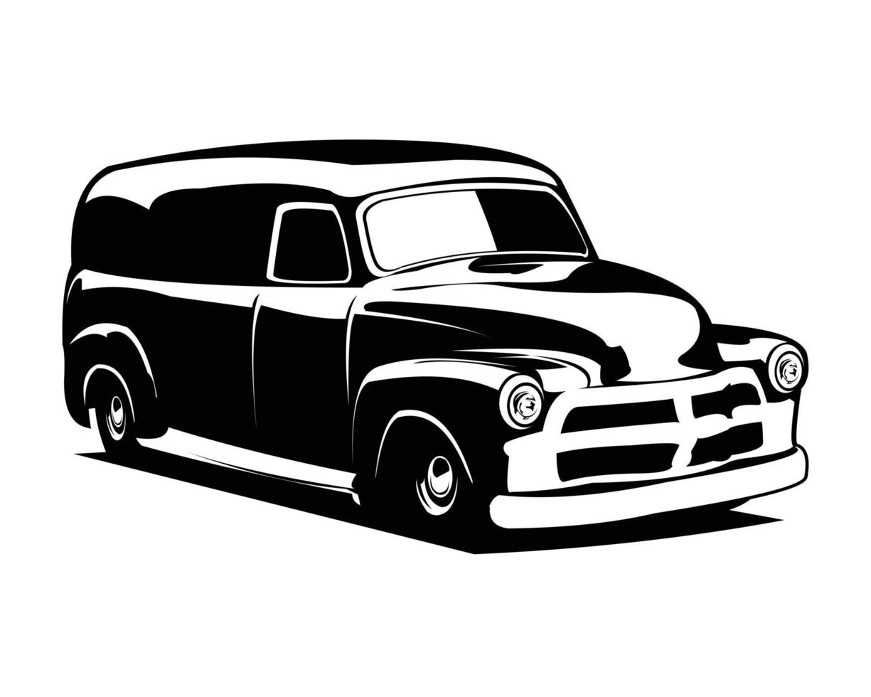 silueta de la ilustración gráfica de vector de camión de panel clásico sobre fondo blanco que se muestra desde un lado. mejor para placa, emblema, icono.
