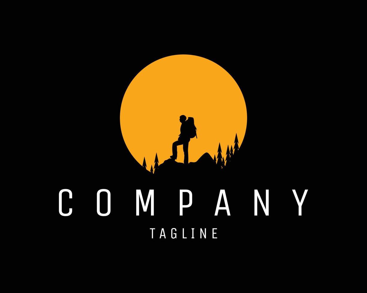 simple climber logo. a mountain climber appears with a stunning view of the evening sky. Best for badges, emblems, icons, design stickers, t-shirts and for the adventure-loving industry. vector