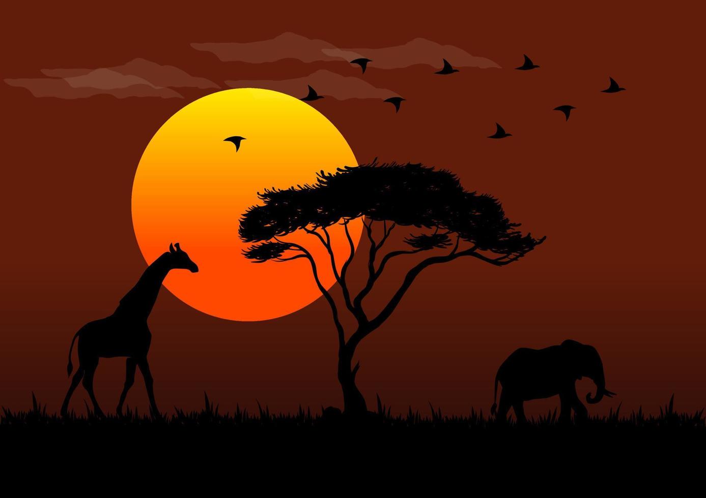 Illustration of African wildlife vectors at sunset