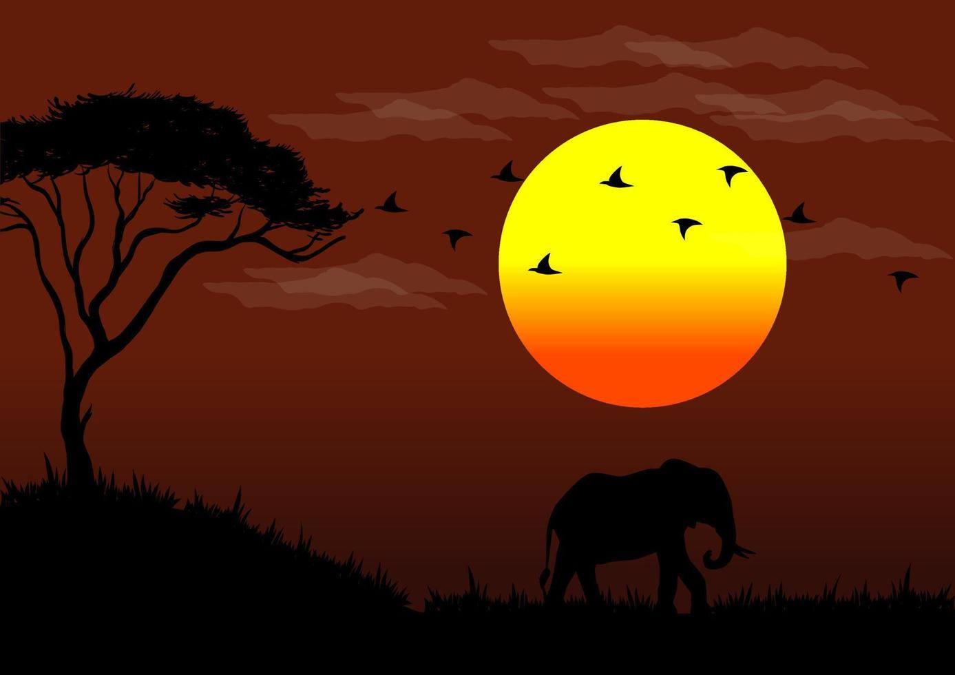 Vector illustration of African wildlife at sunset with elephant
