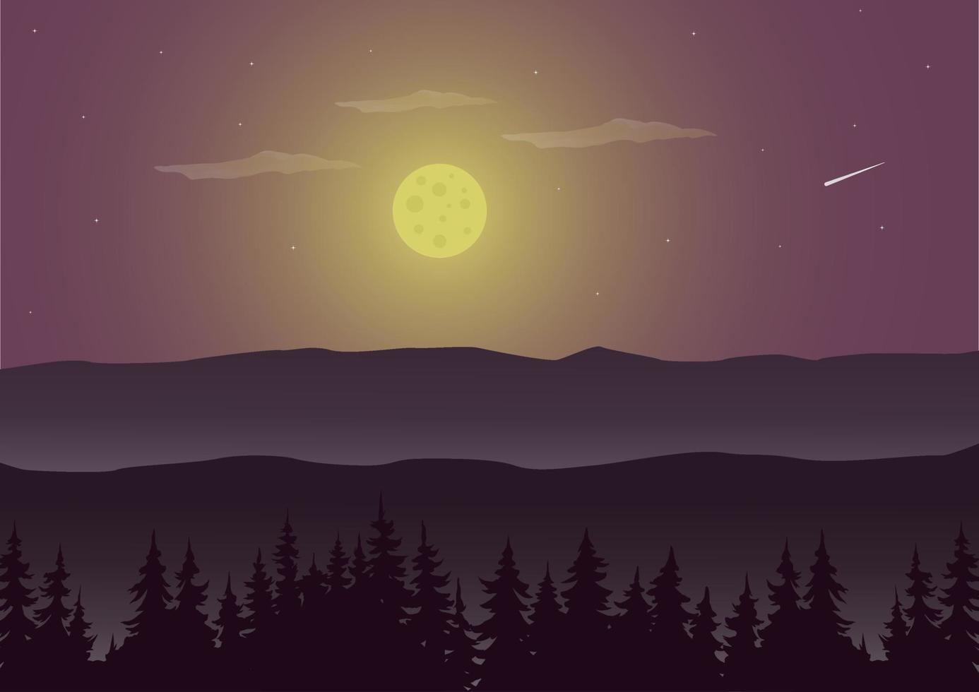 ilustración de vector de paisaje de montaña púrpura. silueta panorámica de la montaña y luz de la luna por la noche.