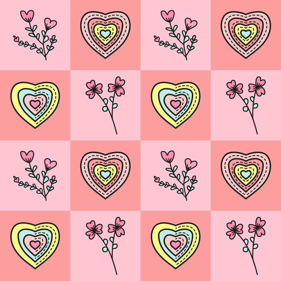 Love shapes with different hearts and flower patterns on colorful geometric square background designs. Seamless Pattern vector illustration. Suitable for valentine's day cards, wrapping paper, textile