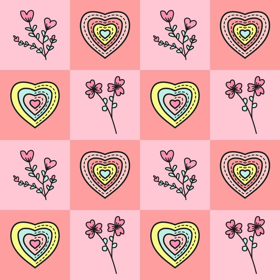 formas de amor con diferentes corazones y motivos florales en coloridos diseños geométricos de fondo cuadrado. ilustración vectorial de patrones sin fisuras. adecuado para tarjetas de san valentín, papel de regalo, textil vector