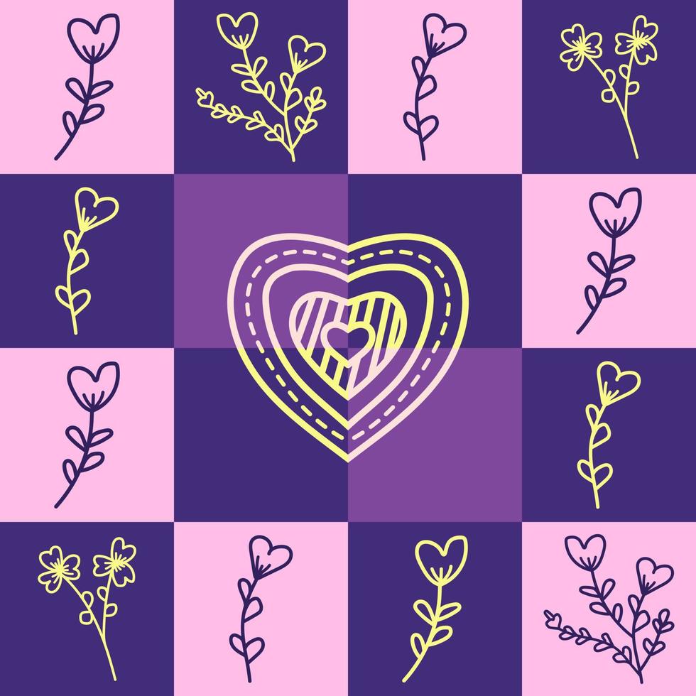 Cute love and flower shape on purple geometric square background design. Seamless Pattern vector illustration. Suitable for valentine's day cards, wrapping paper, textiles
