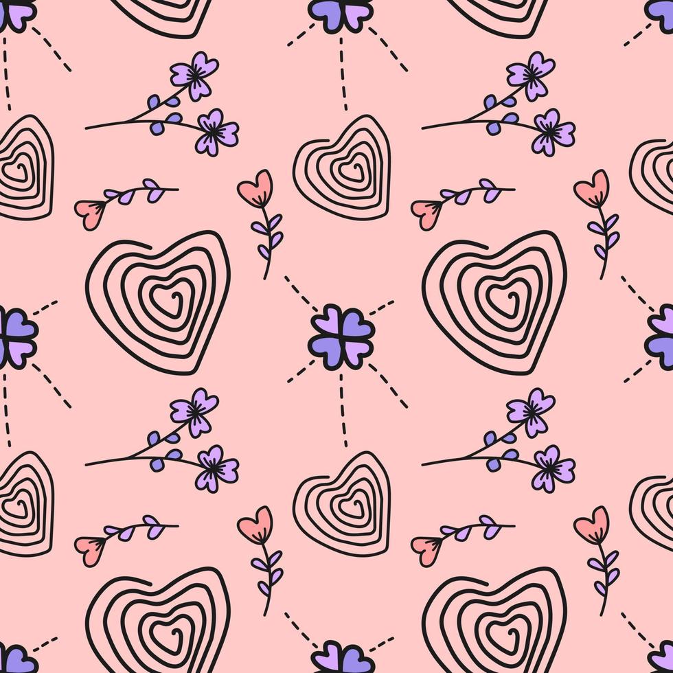 Heart-shaped abstract line pattern and cute floral background design. Seamless Pattern vector illustration. Suitable for valentine's day cards, wrapping paper, textiles