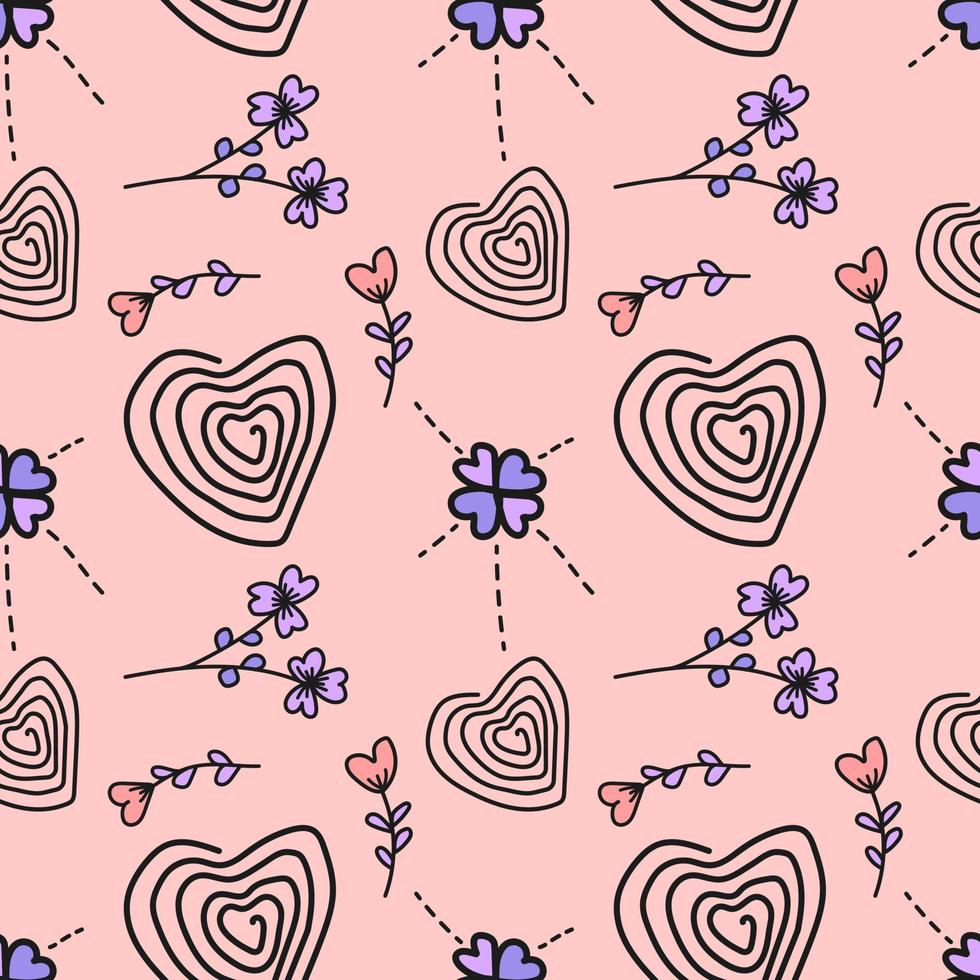 Heart-shaped abstract line pattern and cute floral background design. Seamless Pattern vector illustration. Suitable for valentine's day cards, wrapping paper, textiles