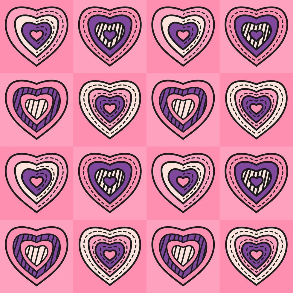 Love shape with different hearts on a pink colorful geometric square background design. Seamless Pattern vector illustration. Suitable for valentine's day cards, wrapping paper, textiles
