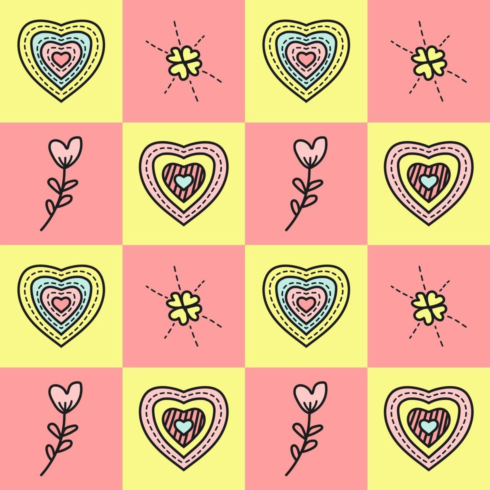 Love shapes with different hearts and flower patterns on colorful geometric square background designs. Seamless Pattern vector illustration. Suitable for valentine's day cards, wrapping paper, textile