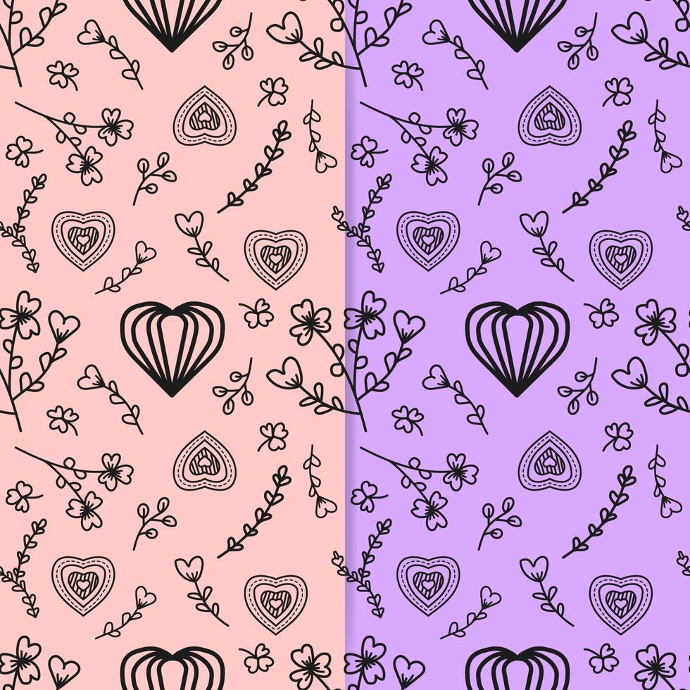 Line drawing of heart shape and cute floral ornament on two color background. Seamless pattern vector illustration. Suitable for valentine's day cards, wrapping paper, textiles