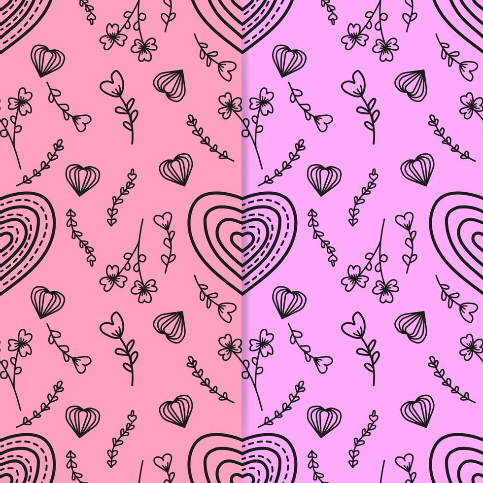 Line drawing of heart shape and cute floral ornament on two color background. Seamless pattern vector illustration. Suitable for valentine's day cards, wrapping paper, textiles